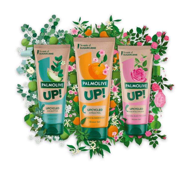 Drei Palmolive-Duschgele mit Upcycler-Inhaltsstoffen